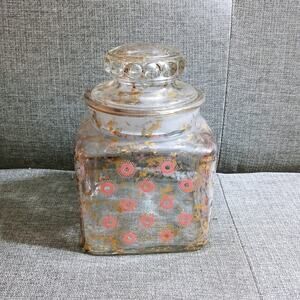 Vtg Pink & Gold MCM Lidded Glass Jar Midcentury Mod (su1)